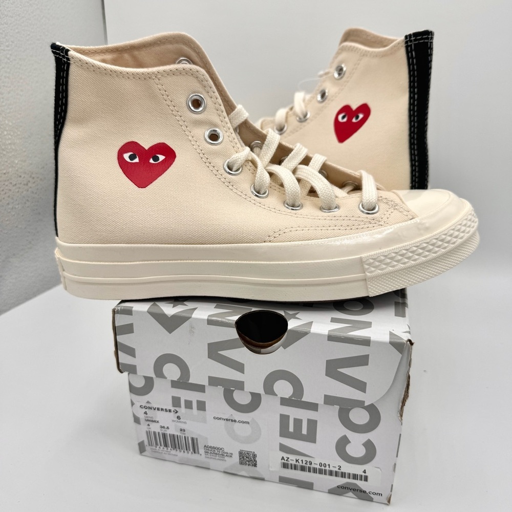 NWT Commes Des Garçons CDG Play Converse High Top Chuck 70 Heart Sneakers Cream - Picture 15 of 16